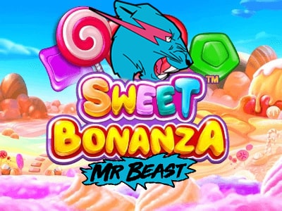 Sweet Bonanza Mr Beast App logo featuring candy symbols and MrBeast's signature logo on a colorful candy land background.