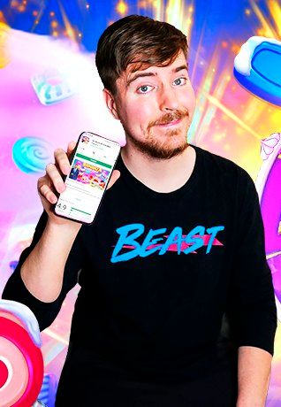 MrBeast holding a phone displaying the Mr Beast Sweet Bonanza app, with vibrant candy-themed graphics in the background.