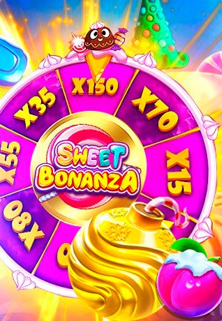 Sweet Bonanza prize wheel showing various multipliers and rewards, surrounded by candy-themed graphics.